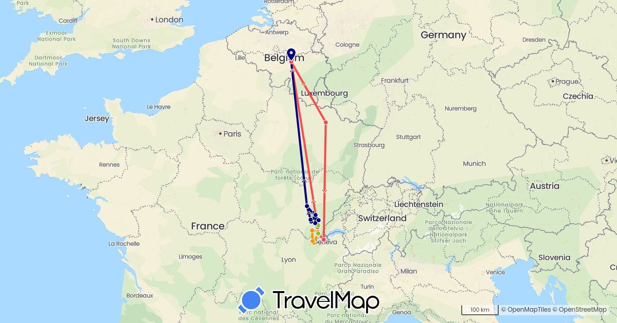 TravelMap itinerary: driving, hiking, hitchhiking, electric vehicle in Belgium, France (Europe)